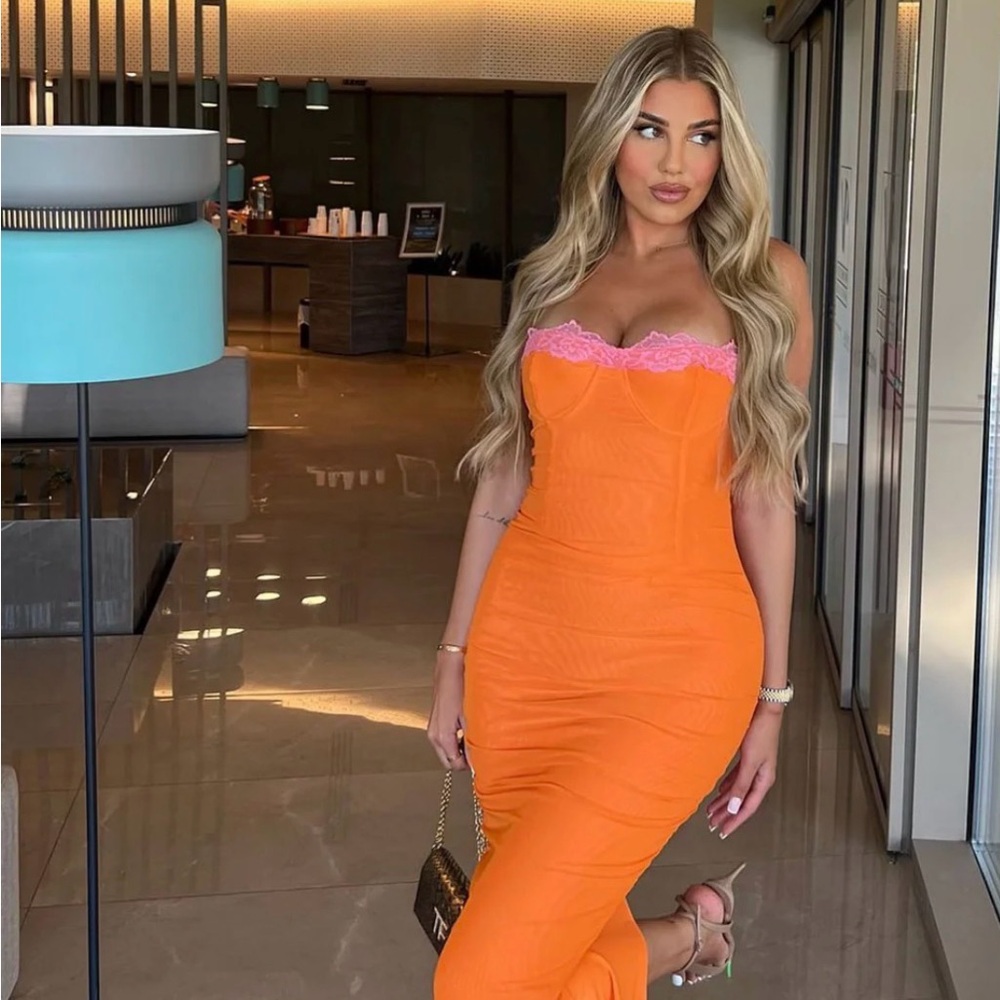 Orange Bodycon Dress with Pink Lace Trim - Women